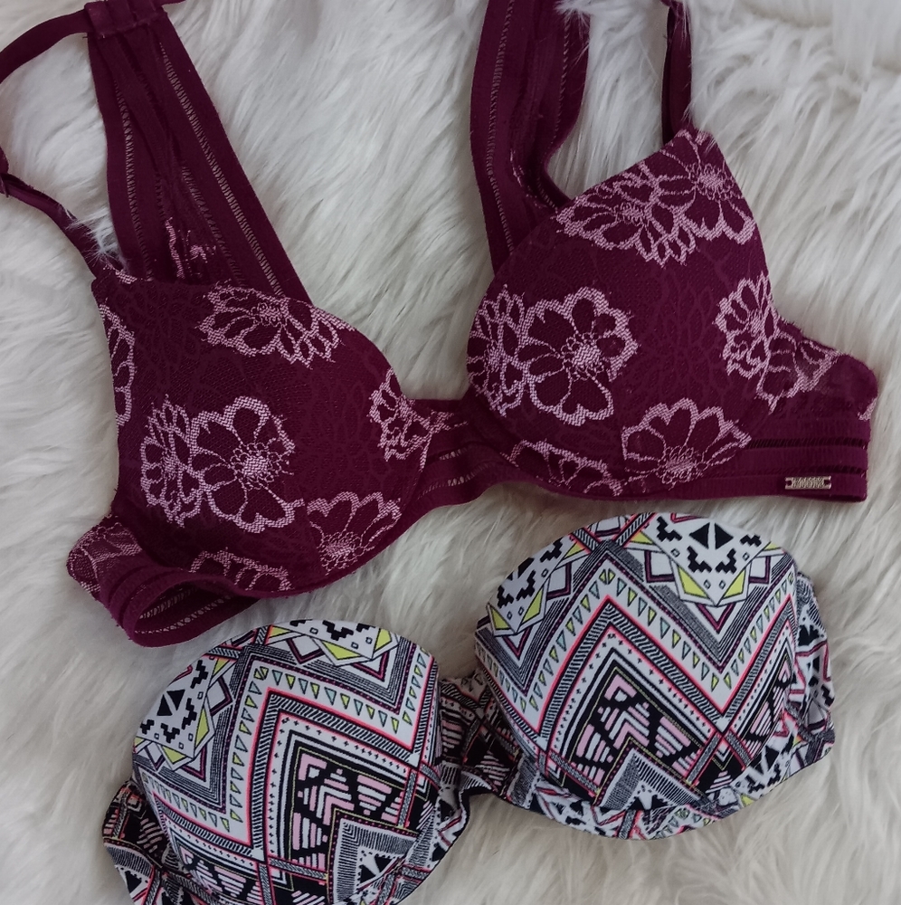 victoria's secret pink vs push up floral lace + strapless colorful strapless bra